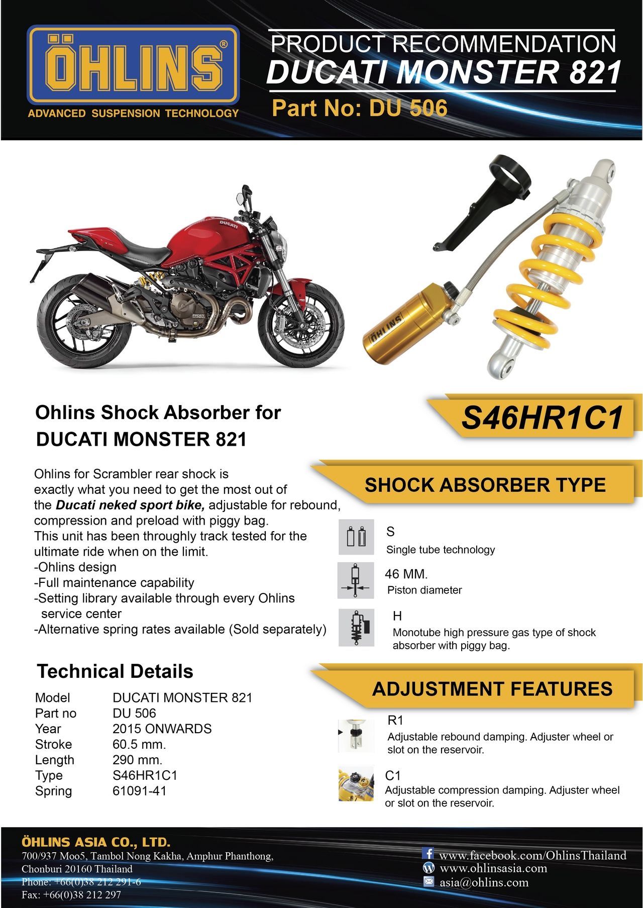 Ohlins mono adjust rear shock absorber STX46 Street Ducati 